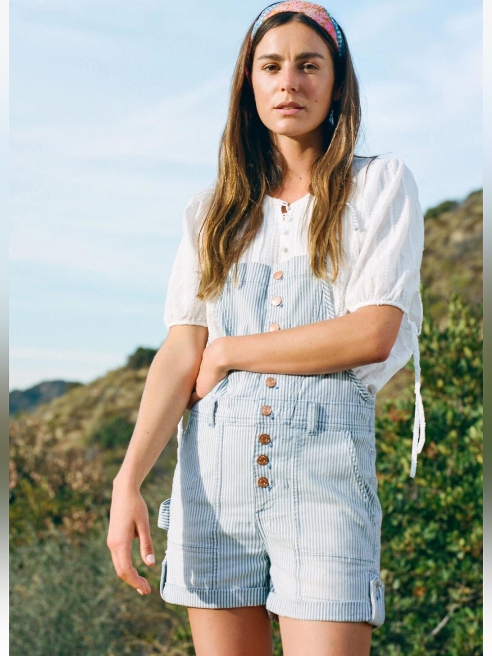 Pilcro Blue and White Railroad Striped Short Denim Overalls